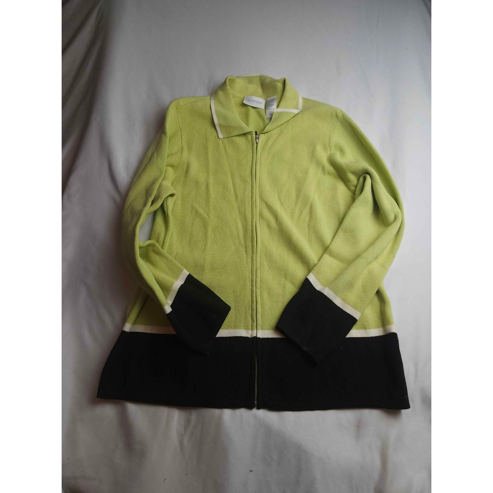 Liz Claiborne Liz & Co Petite Lime Green Colorblock Full Zip Cardigan Sweater M